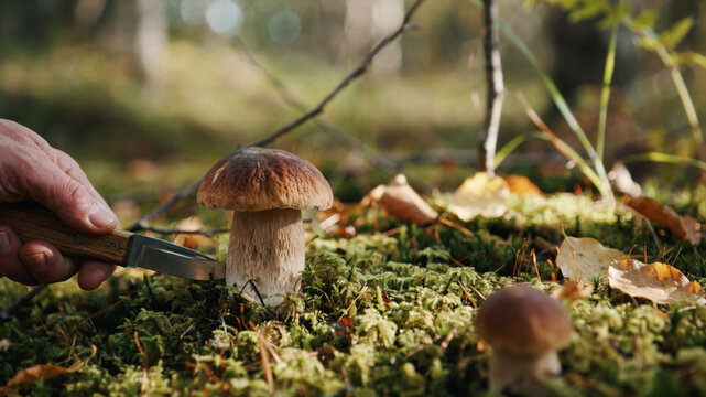 Hand holding knife cutting mushroom in autumn forest with fallen leaves