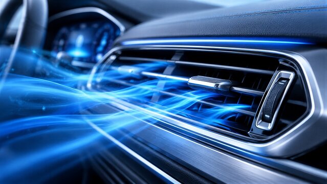 Car air vent releasing cool blue airflow across dashboard interior