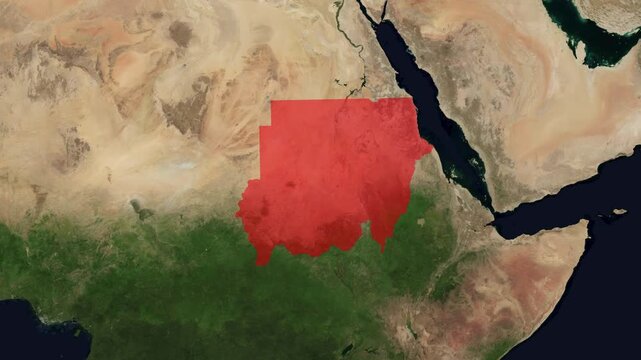 3D render animation of a satellite map zooming in on the country of Sudan in Africa, highlighting the national borders in red.