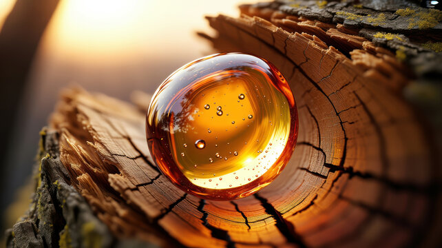 Transparent amber orb resting on a tree stump in autumn sunlight