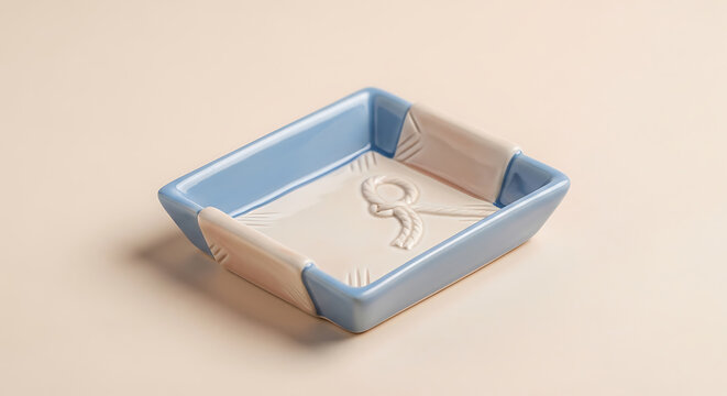 Rectangular ceramic dish with blue glazed edges and rope pattern detail on a neutral beige surface