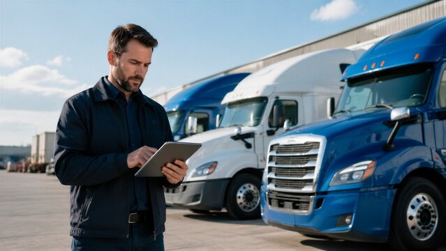 Truck driver inspecting fleet using tablet at depot
