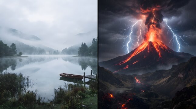 Concept Split Screen Showing Serene Foggy Mountain Lake and Violent Erupting Volcano with Lightning