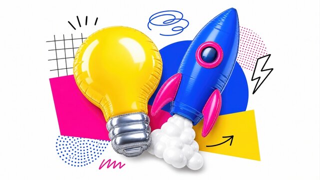 colorful inflatable light bulb and rocket on abstract geometric background