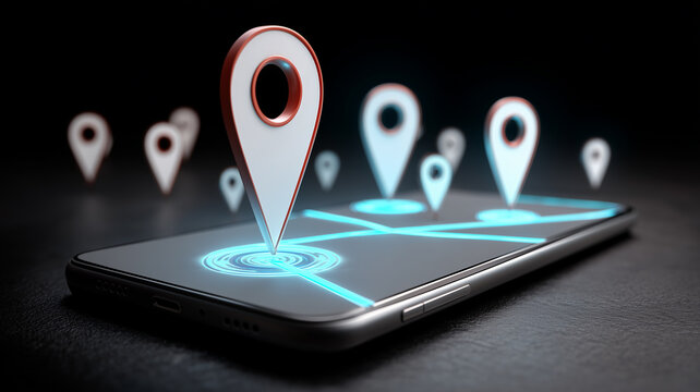 A smartphone displaying multiple location pins across a digital route map, representing mobile navigation, geolocation services, destination tracking and connected travel.
