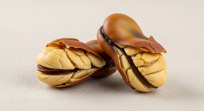 Two roasted fava beans with cracked shells showing light tan interior on a neutral fabric background
