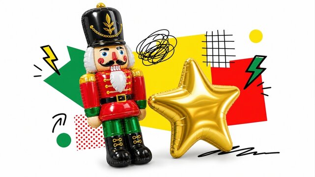 festive nutcracker soldier and gold star with abstract background, christmas holiday concept