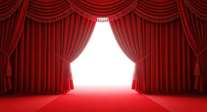 Luxurious red carpet entrance stage featuring rich, velvety curtains dramatically pulled open, suggesting a grand premiere or exclusive event, success, texture, entrance