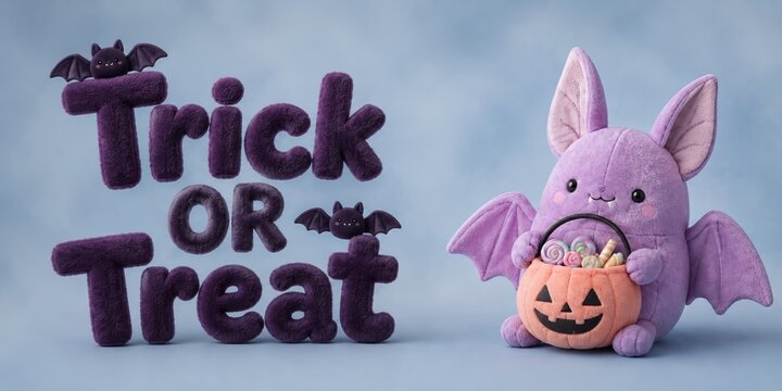 2027 Happy Halloween plush bat holding a pumpkin candy bucket beside fuzzy Trick or Treat lettering and flying bats on a misty blue background, showcasing the trendy kawaii soft toy banner concept