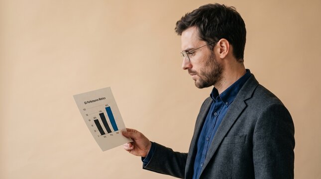 Man in glasses reviewing Q3 performance metrics chart with rising trend