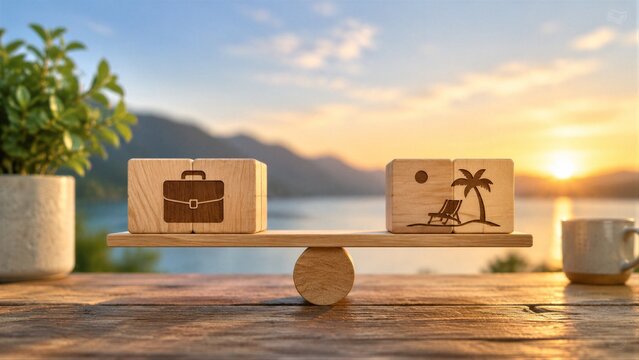 Wooden blocks balancing business and leisure lakeside sunset