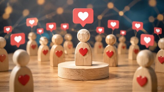 Wooden figurine with heart receiving social likes in network setting