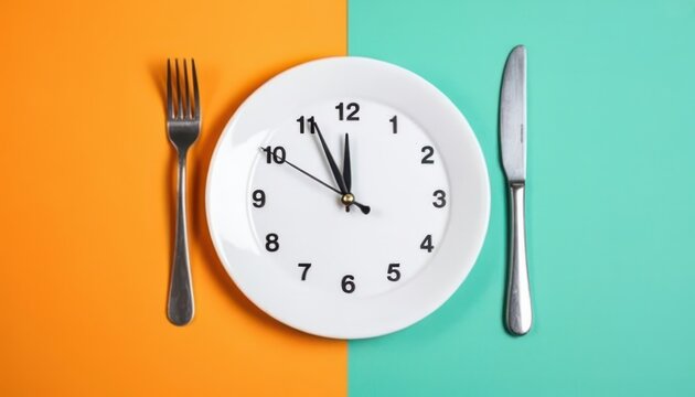Clock face on a dinner plate with fork and knife