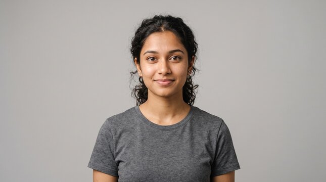 Young Indian woman with curly dark hair smiling gently against a plain grey background