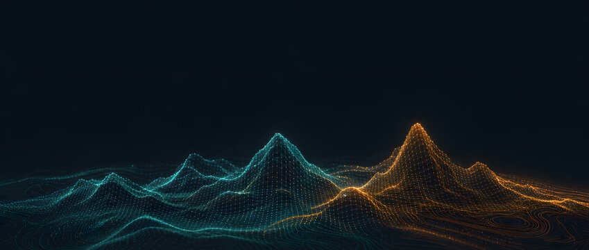 Sharp teal and orange wireframe mountain peak glowing above rolling digital terrain at night background design