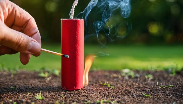 hand lighting a red firecracker with a match in backyard closeup fireworks copyspace wide banner