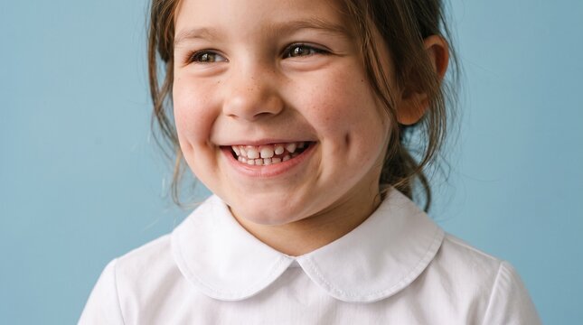 Joyful Young Girl with Dimples Smiling Happily Against a Blue Background