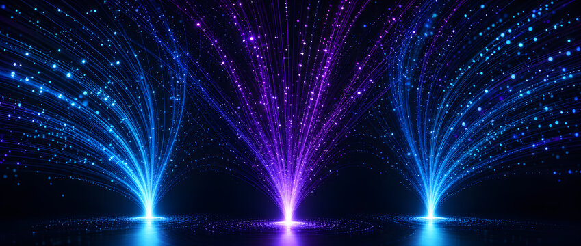 Blue and purple particle fountains rise glowing from dark reflective surface in futuristic scene background design