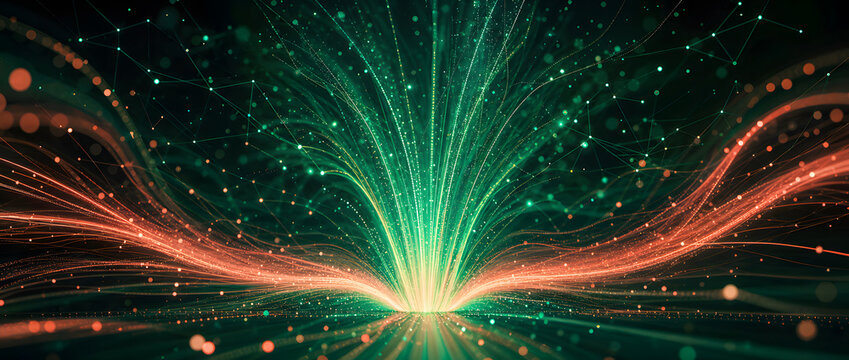 Green and orange particle fountain glows beside plexus network pattern on dark futuristic background design element