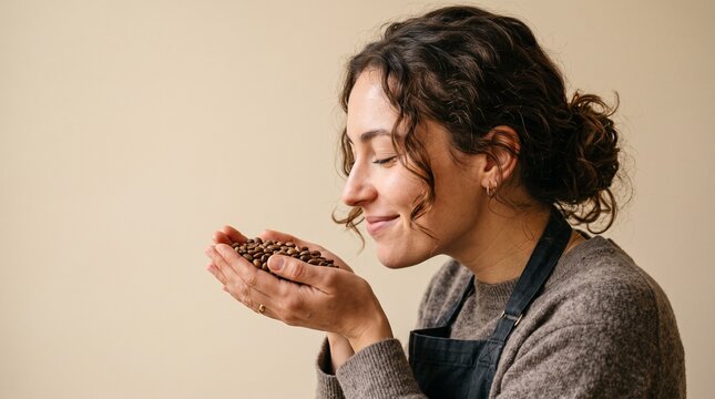 Woman smelling coffee beans in her hands with eyes closed