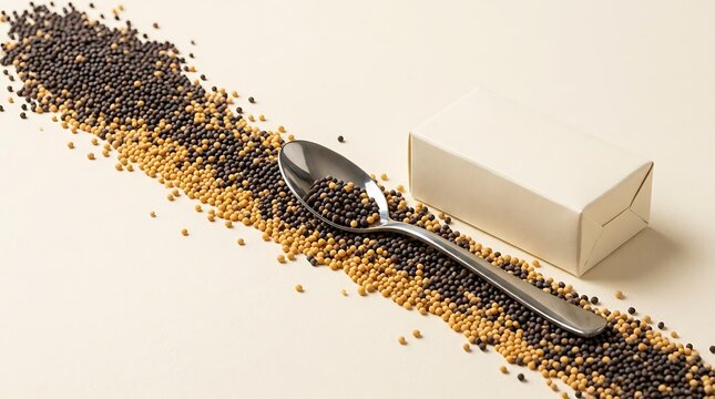 A metal spoon resting on a trail of black and yellow mustard seeds beside a small white paper box