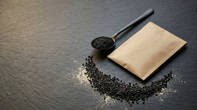 Black cumin seeds in a black spoon and a blank paper pouch on a dark textured slate background