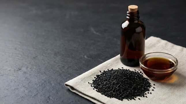 Black cumin seeds and oil in a glass bottle with a small bowl on a linen cloth surface