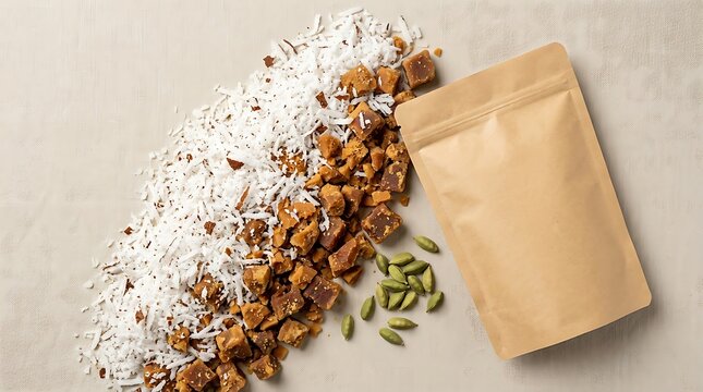Brown paper pouch with coconut flakes, jaggery chunks, and green cardamom pods on light surface