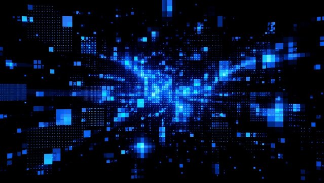Blue pixel grid exploding into dispersed digital cube field