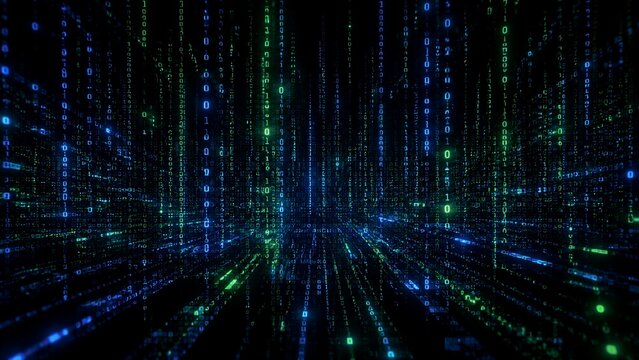 Binary digits cascading in perspective through dark cyberspace