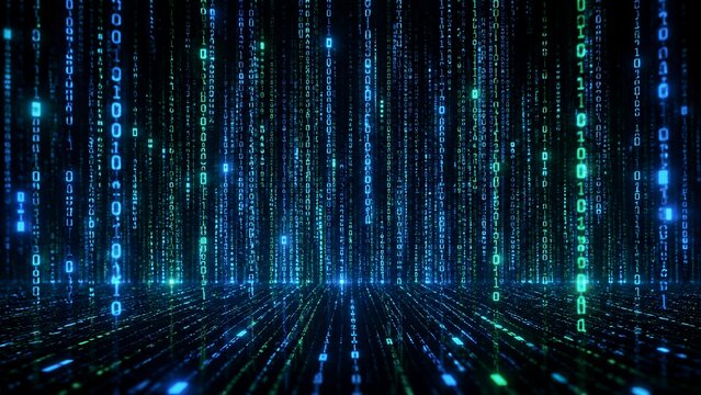 Vertical binary streams descending in illuminated data chamber