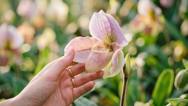 A Rare Orchid Bloom Unfurls Under Gentle Hand Touch Amongst Lush Greenery