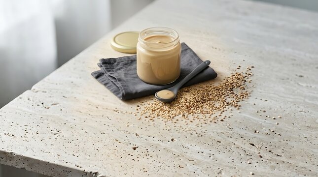 Glass jar of tahini paste with a spoon on a grey napkin and scattered sesame seeds on stone