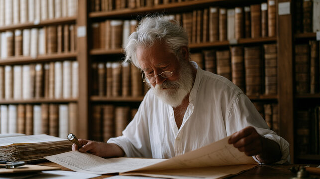Genealogist at a wide reading table in an archive library carefully unfolding a fragile Victorian census document, magnifying loupe in hand, surrounding shelves packed floor to
