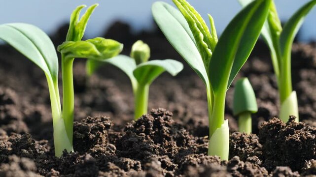Vibrant green sprouts pushing through dark soil, symbolizing new growth and the emergence of life from dormant seeds.