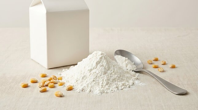 Pile of white corn flour with a metal spoon and raw yellow corn kernels on a light fabric surface