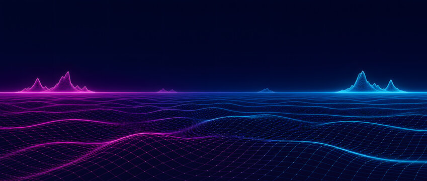 purple and blue wireframe mountain range glowing above digital wave mesh landscape dark background scene