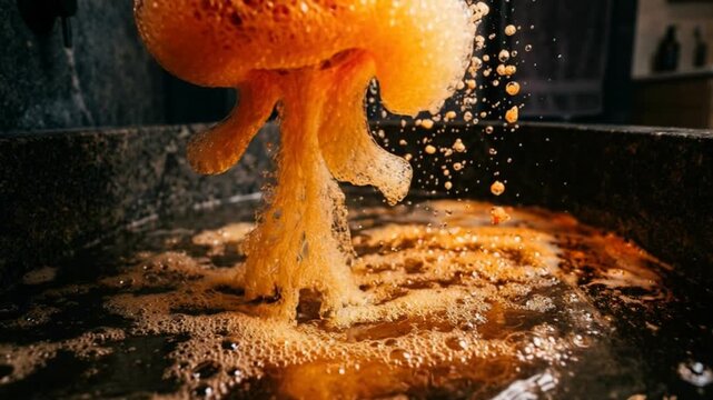 Vibrant orange bath bomb dissolving, creating a dramatic cloud of citrus-scented bubbles in clear bathwater
