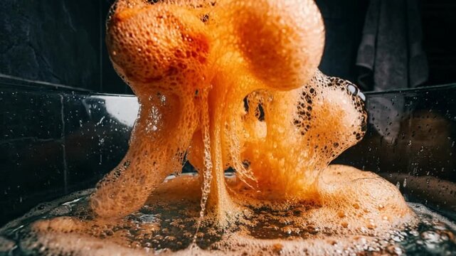 Vibrant orange bath bomb creating a dramatic cloud of citrus-scented bubbles in clear water