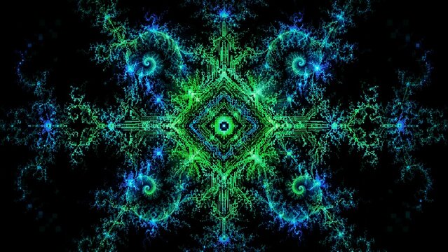 Symmetrical fractal forming diamond motif on dark field