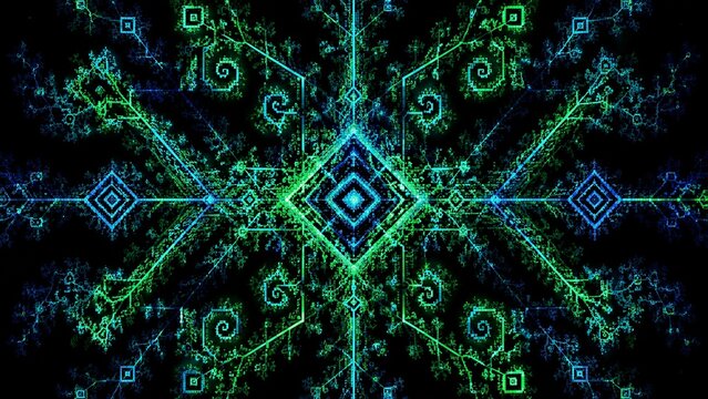 Fractal pattern radiating neon lines in black background