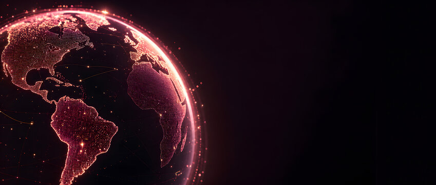 red and orange digital globe showing america continent with glowing network dot dark background scene