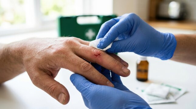 Closeup of gloved hands treating a hand wound with first aid supplies for medical care and emergency treatment poster or banner
