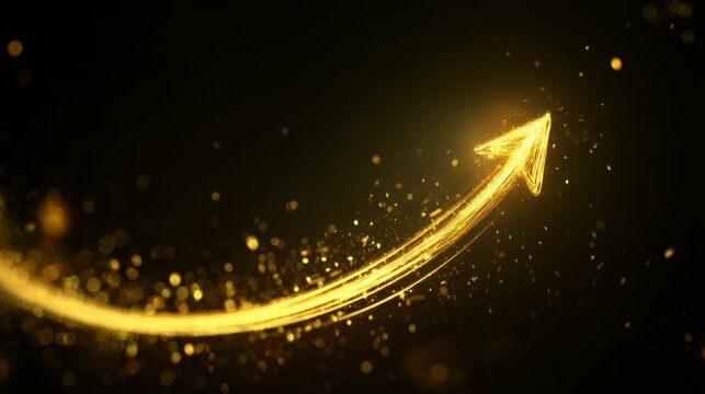 Bright golden light streak forming an upward sweeping arrow with glowing dust on dark background for business growth concept
