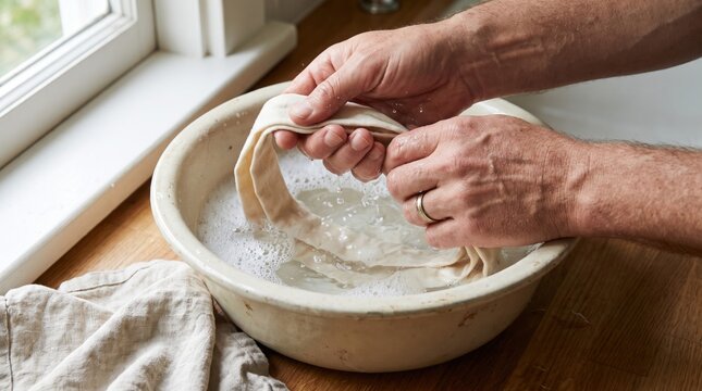 Hands washing long white fabric strip in soapy water in vintage bowl
