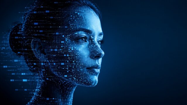 Female face rendered with digital pixel matrix in blue