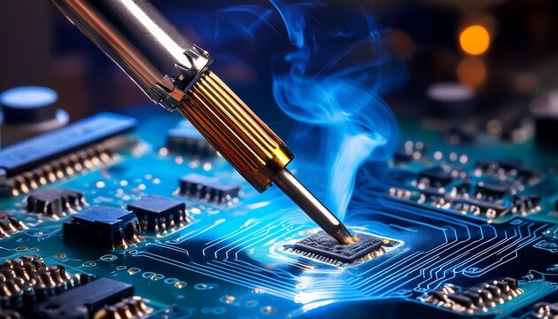 close up of a soldering iron tip glowing blue with smoke rising surrounded by electronic components and solder wire