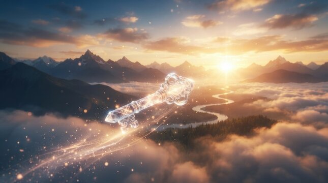 Glowing crystal key flying over misty mountain landscape at sunrise for fantasy background and mystical wallpaper