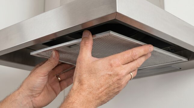 Hands removing metal mesh filter from stainless steel kitchen range hood