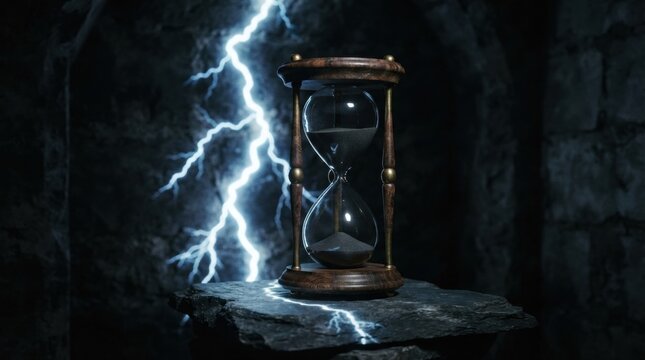 Dramatic hourglass on a stone pedestal with lightning bolts in a dark cave for moody background and concept poster about time and fate